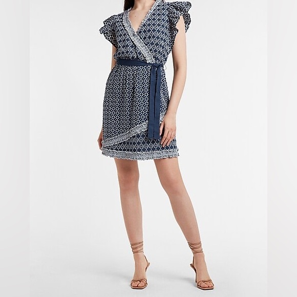 Express Printed Lace Trim Eyelet Navy Blue Belted Faux Wrap Dress Size S‎ - Picture 1 of 14